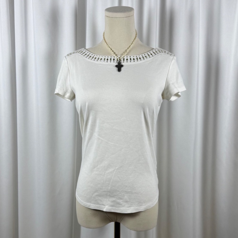 Westport 1962 Womens White Cotton Studded Boat Neck Short Sleeve Top Size S